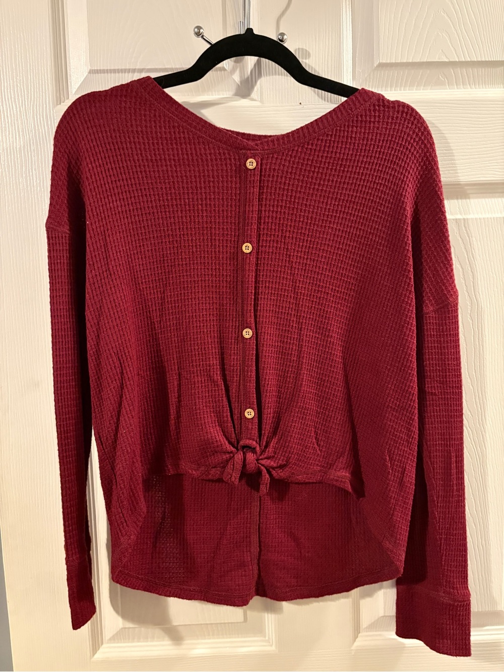 Old Navy Burgundy Waffle Knit Button-up Tie Top